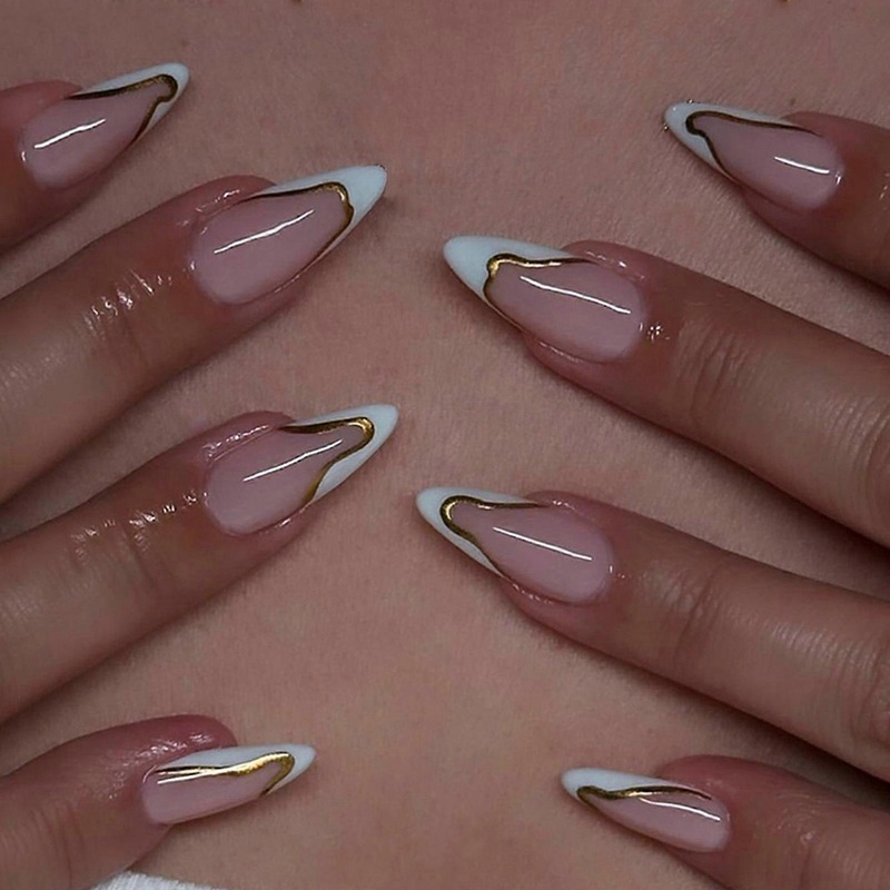 1 Set Almond False Nails Full Cover Stick on Nails French Tip Press On Nails Artificial Nails Manicures Supplies