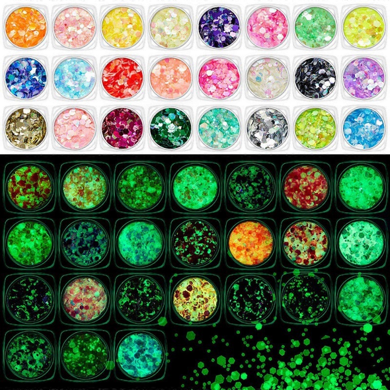 12/18/24Colors Luminous Nail Glitter Sequins Holographic Hexagon Shape Glitter Sequin Applique Decoration Nail Art Decor