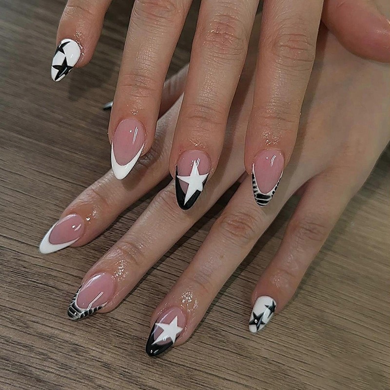 24 Pcs Almond Shape False Nail Stars Press On Nail French Tip Acrylic Nail Glossy Full Cover Stick on Nail