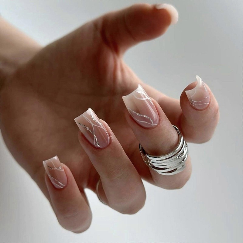 24 Pcs French Tip Stick On Nail Glossy False Nail Short Square Press On Nail White Wavy Lines Artificial Nail