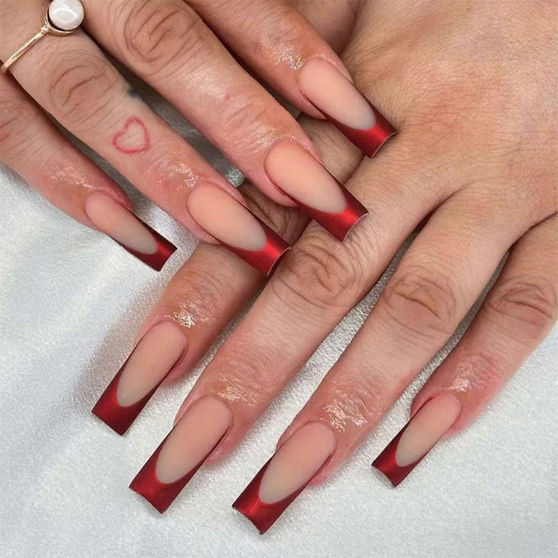 24 Pcs Glossy Press On Nail Long Square False Nail Fashion Full Cover Stick On Nail French Tip Artificial Nail