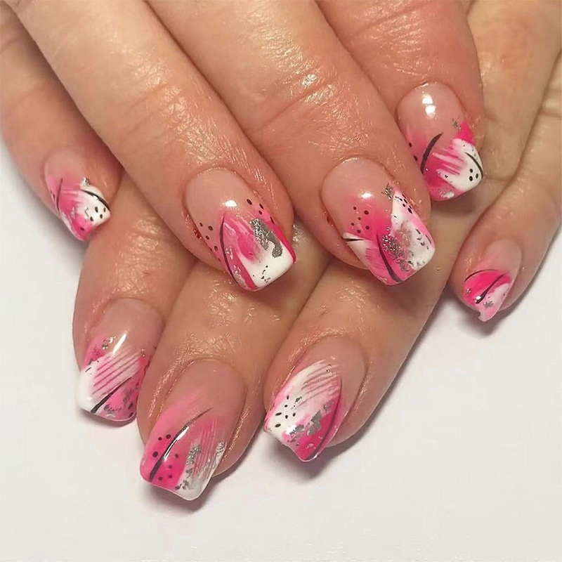 Press On Nail Medium Acrylic French Tip Pink Flower Designs Square False Nail Kit Glossy Full Cover Artificial Nail