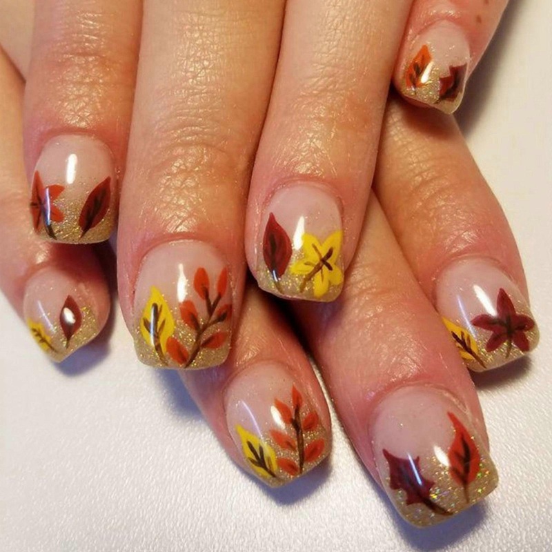 Thanksgiving Artificial Stick on Nails Golden Leaf Designs Short Square Halloween False Nails 24Pcs Press Ons Nails