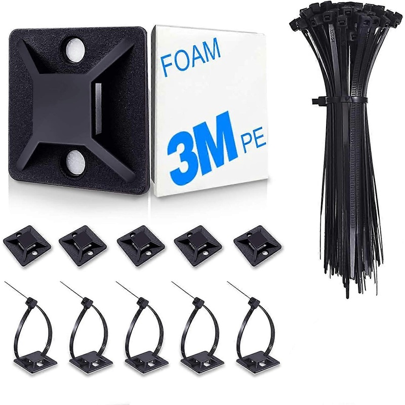 100 Pack Zip Tie Mount With Cable Ties,Self Adhesive-backed Mounts For Wire Holder, Black Cable Management Clips Wall Anchors