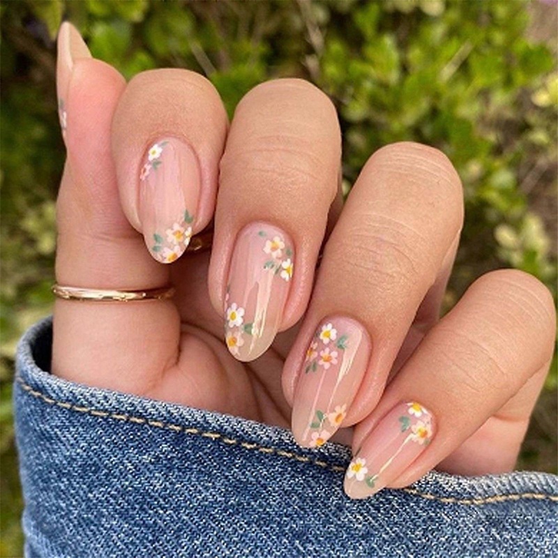 24 Pcs Almond Shape False Nail Sweet Press On Nail Glossy Artificial Nail Flowers Stick on Nail Acrylic Nail for Party