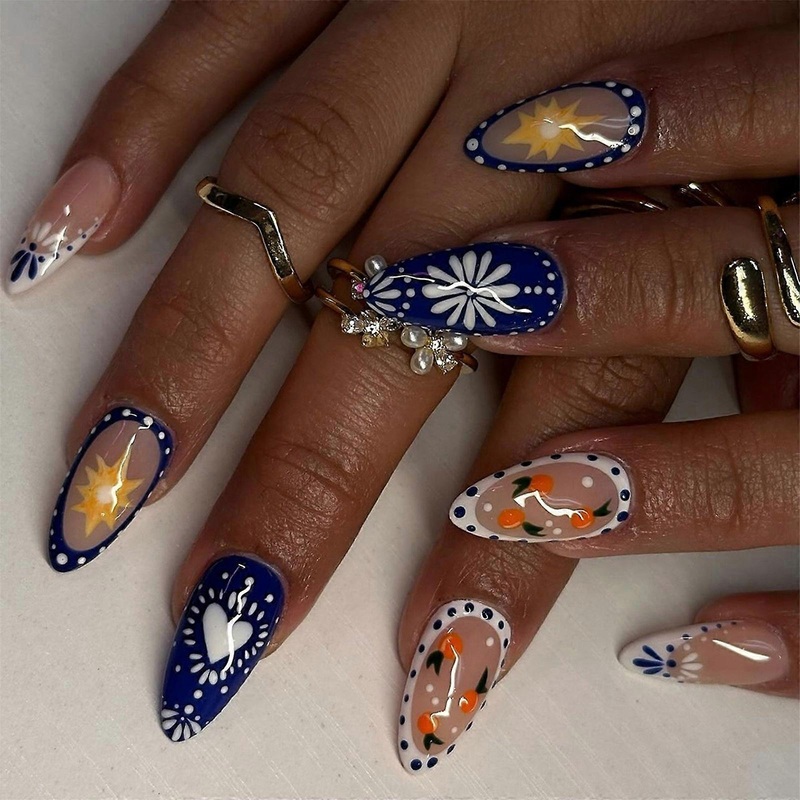 24 Pcs Blue White French Tip Acrylic Nail Short Almond False Nail Stick on Nail with Heart Glossy Press On Nail