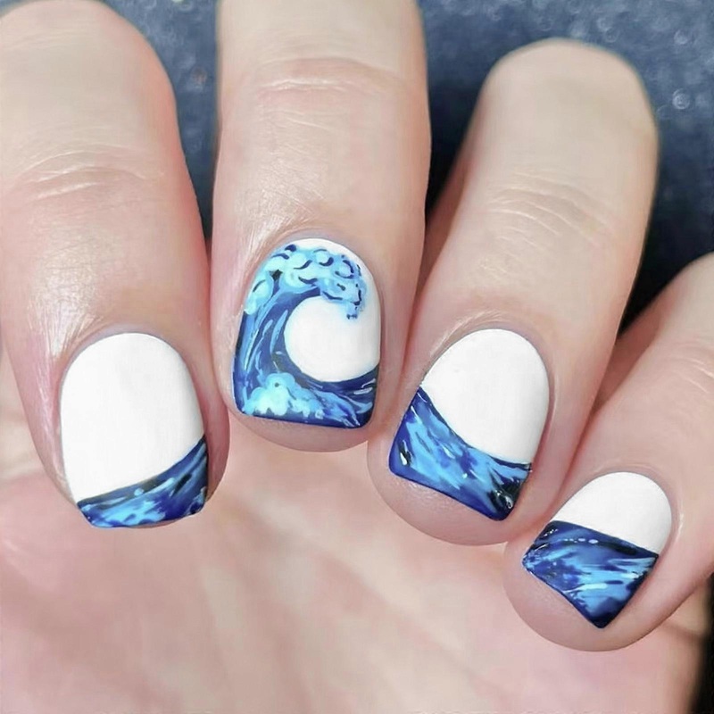 24 Pcs Blue White Press On Nail with Blue White Waves Art Short Square Style Artificial Nail For Fashionable Women