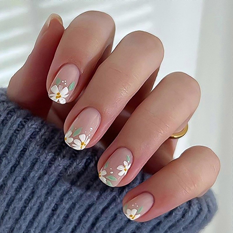 24 Pcs Glossy Full Cover Stick on Nail Short Square False Nail Lovely Flowers Press On Nail Sweet Artificial Nail