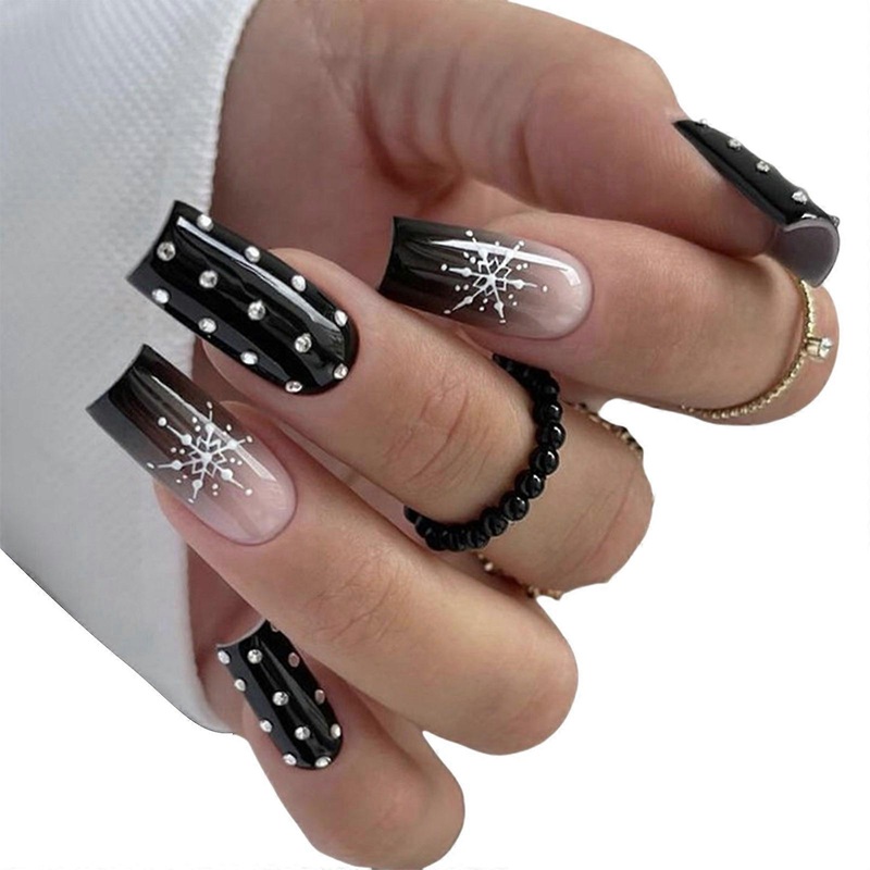 24 Pcs Gradient Stick on Nail Christmas Press On Nail French Tip Artificial Nail Snowflake False Nail for Woman