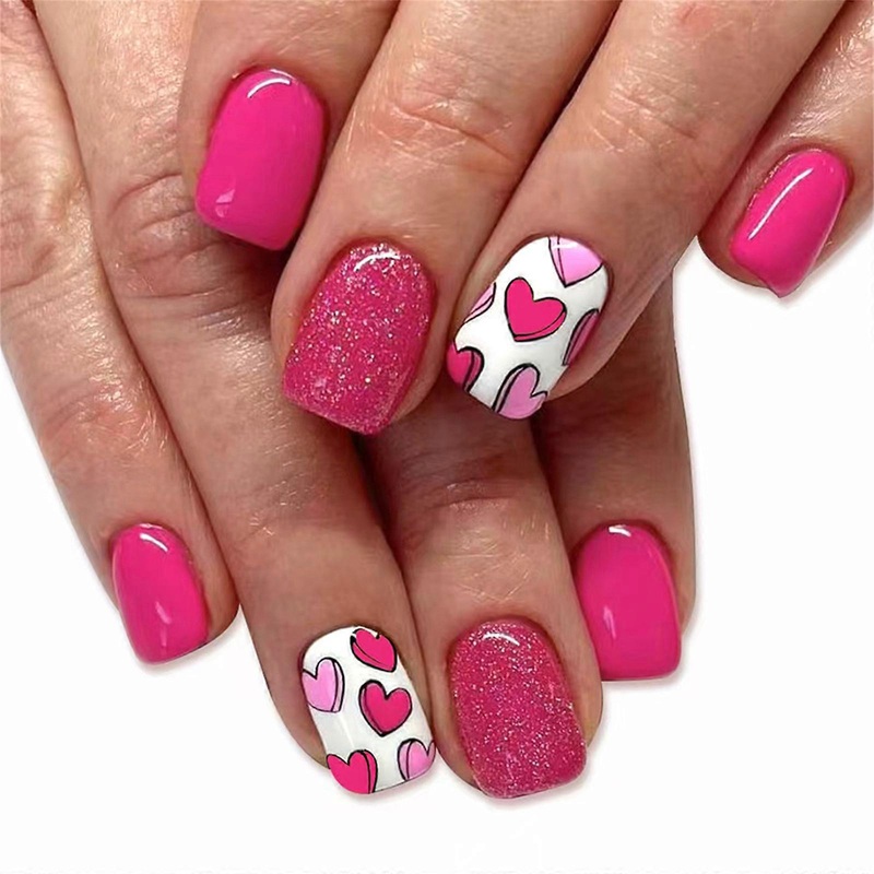 24 Pcs Heart Artificial Fingernails Valentines Day False Nail Short Square Press On Nail Glittering Stick on Nail