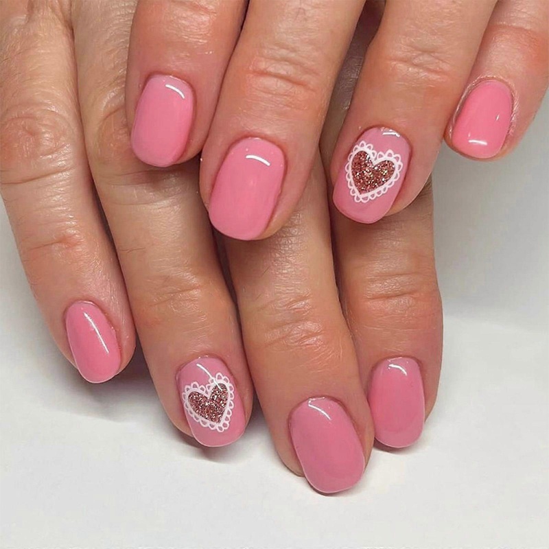 24 Pcs Heart Full Cover Stick on Nail Valentines Day False Nail Glossy Press On Nail Short Square Artificial Nail