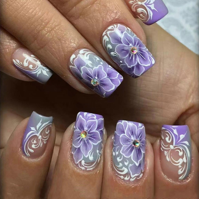 Press on Nail French Tip Square Nail Tips Fake Nail with Designs Artificial Acrylic Nail Full Cover Acrylic False Nail