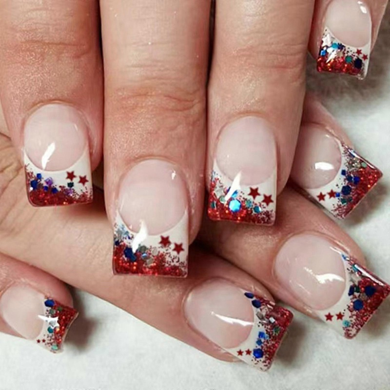 Square Press on Nail 4th of July Fake Nail Independence Day Glues on Nail Patriotic False Nail Full Cover Fake Nail