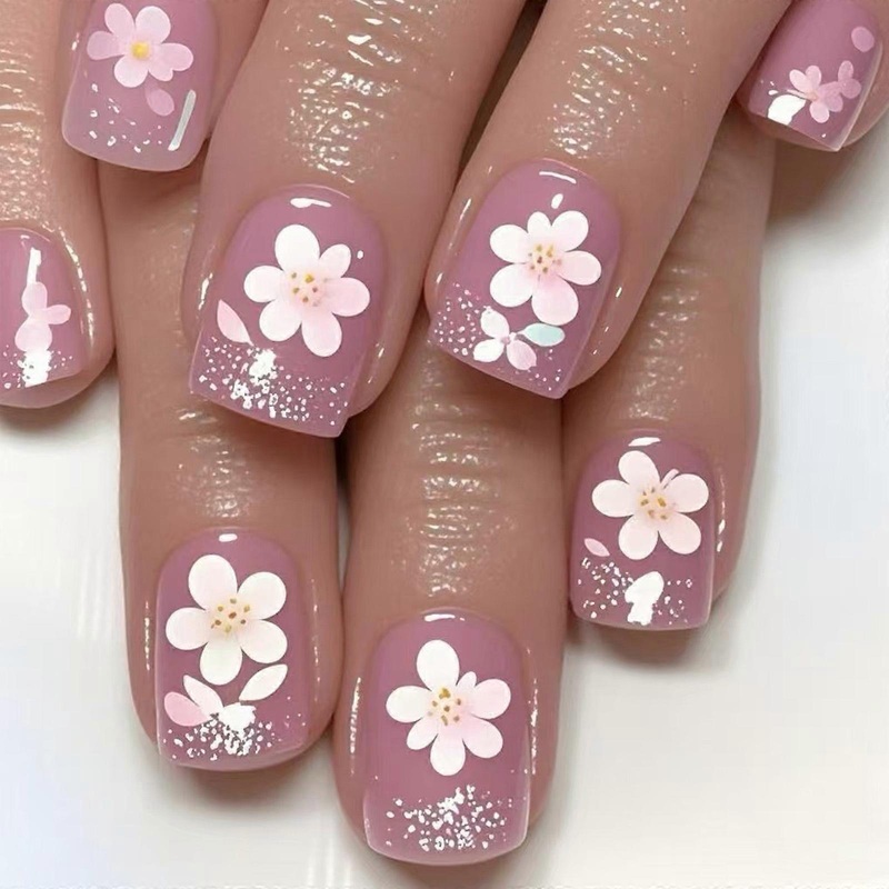 Square Press On Nail Flower Fake Nail Glues On Nail Glitters Artificial Acrylic Nail 24pcs Stick On Nail for Women