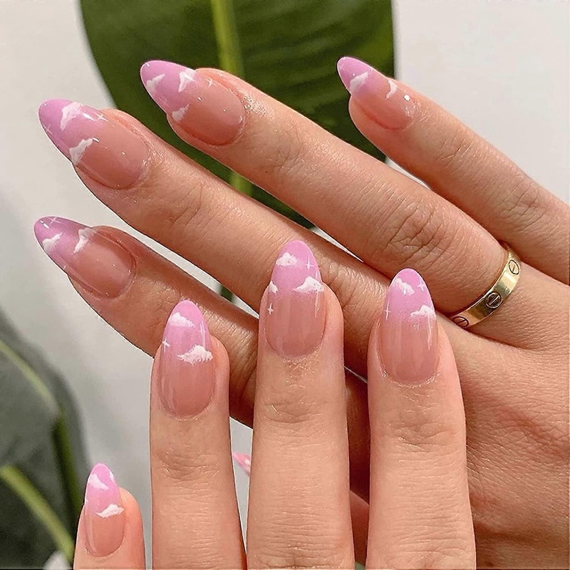 UBIUO 24Pcs Stiletto Press on Nails, Clouds Medium False Nails, Glossy Almond Cute Fake Nails, Full Cover Artficial Acrylic Nails for Women and Girls.
