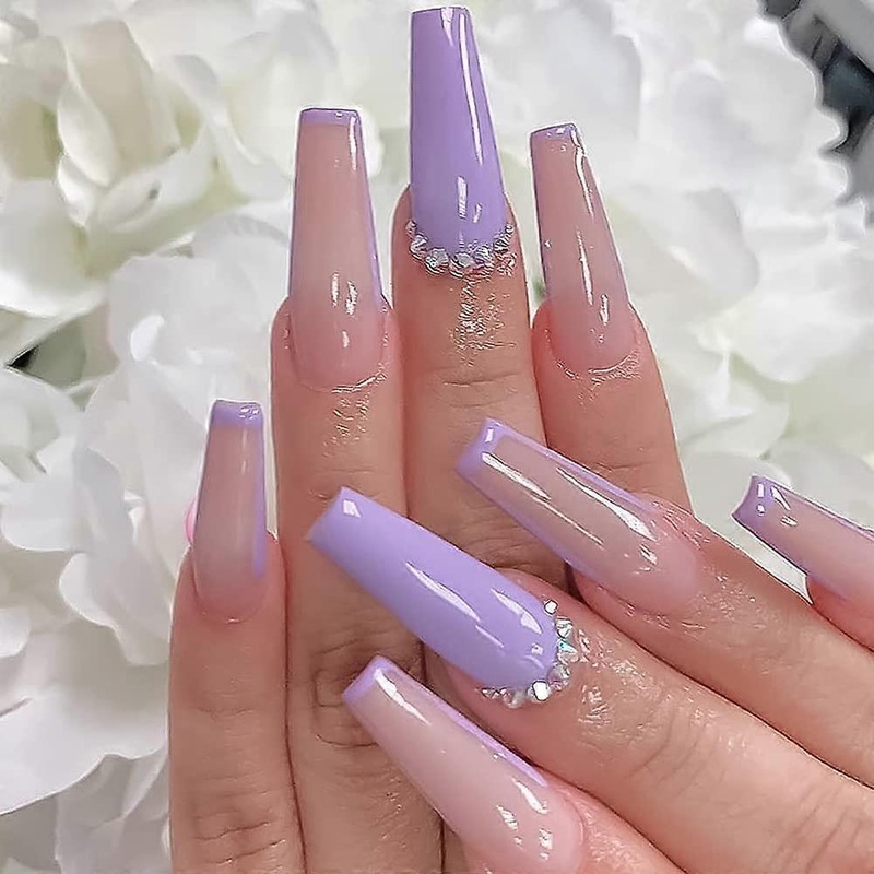 UBIUO Extra Long Press Nails with Designs Nude Purple Ballerina Coffin Fake Nails Flash Diamond Crystal Glossy Glue on Nails French Nail Tips Women Gi