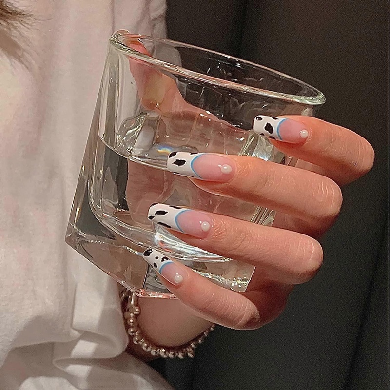 UBIUO French Ballerina Press on Nails, Extra Long False Nails, Coffin Cow Printed Fake Nails, Pink Glossy Full Cover Acrylic Nails for Women and Girls
