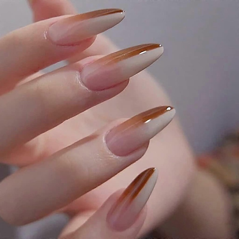 UBIUO Press on Nails Almond Stick on Nails Long Fake Nails White & Brown Acrylic Nails White & Brown.Note:No glue.