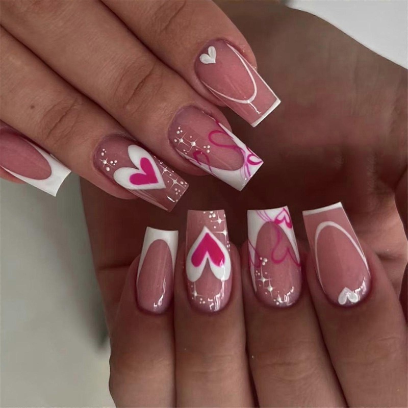 Valentine Press on Nail Square Fake Nail Glossy Design False Nail Full Cover Artificial Acrylic Nail 24pcs 12Sizes
