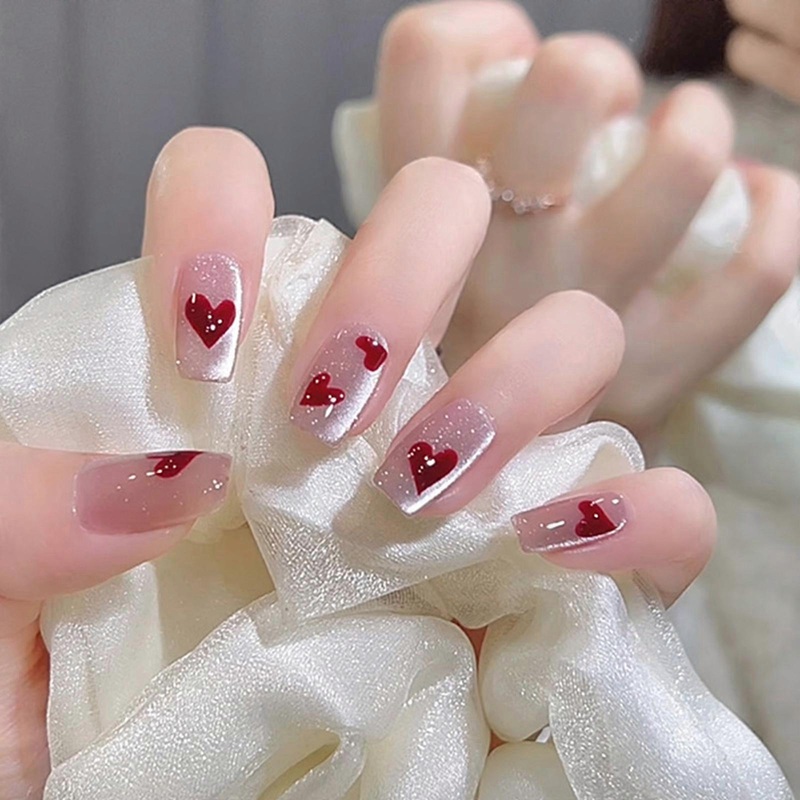 Valentine's Day Press on Nails Wearable False Nails Full Cover False Nails Tips red Heart False Nail Nail Art Decoration