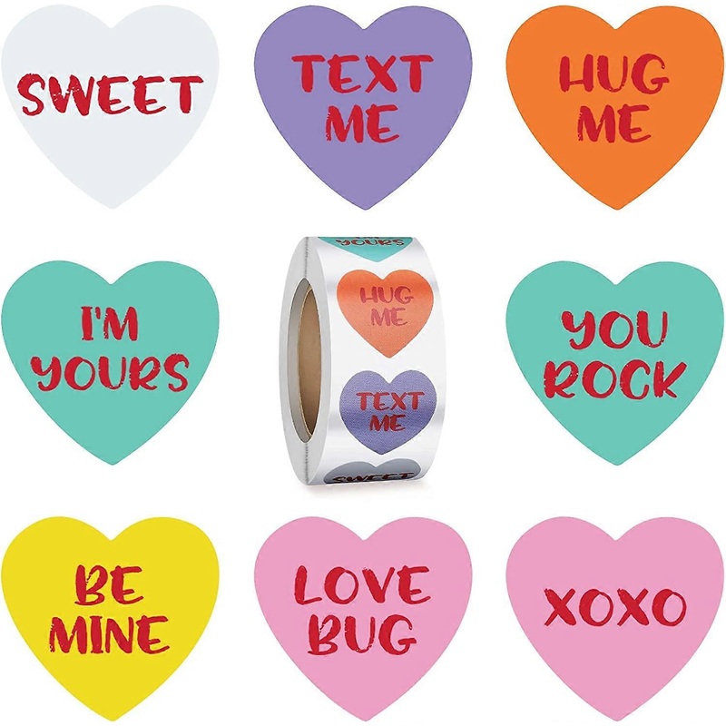 1500 Pieces Valentine Candy Heart Stickers Valentine's Day Heart Shaped Stickers with 8 Different Words Self Adhesive Heart Sticker Roll Valentine Sti
