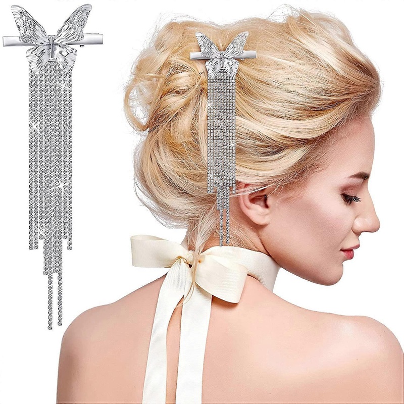 2 Pcs Butterfly Rhinestone Tassel Clips Rhinestone Hair Clips Butterfly Tassel Hair Accessories for Women and Girls