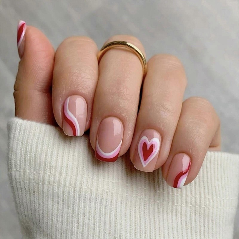 24 Pcs All-Matching Stripes False Nail Heart Artificial Nail Short French Stick on Nail Valentines Day Press On Nail