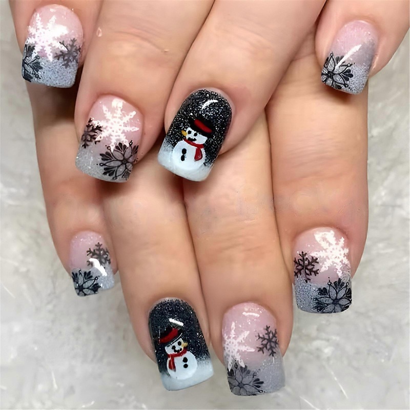 24 Pcs Christmas Press On Nail Snowman Full Cover Stick on Nail Winter False Nail Snowflakes Artificial Nail