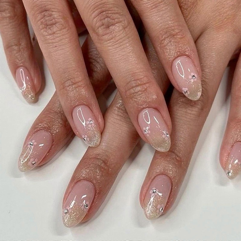 24 Pcs Flowers False Nail Artificial Nail Full Cover Stick on Nail Short Round Press On Nail Woman Nail Art Accessories