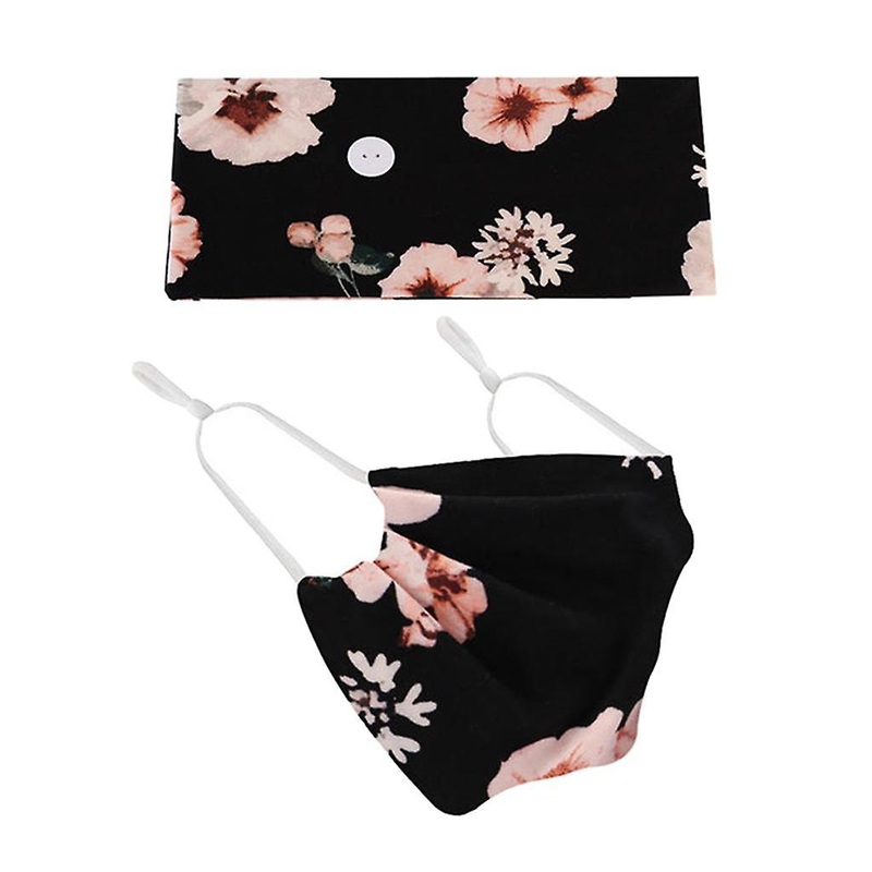 Buttons Headband with Face Mask Stretchy Hair Band Set Black Pink Flower