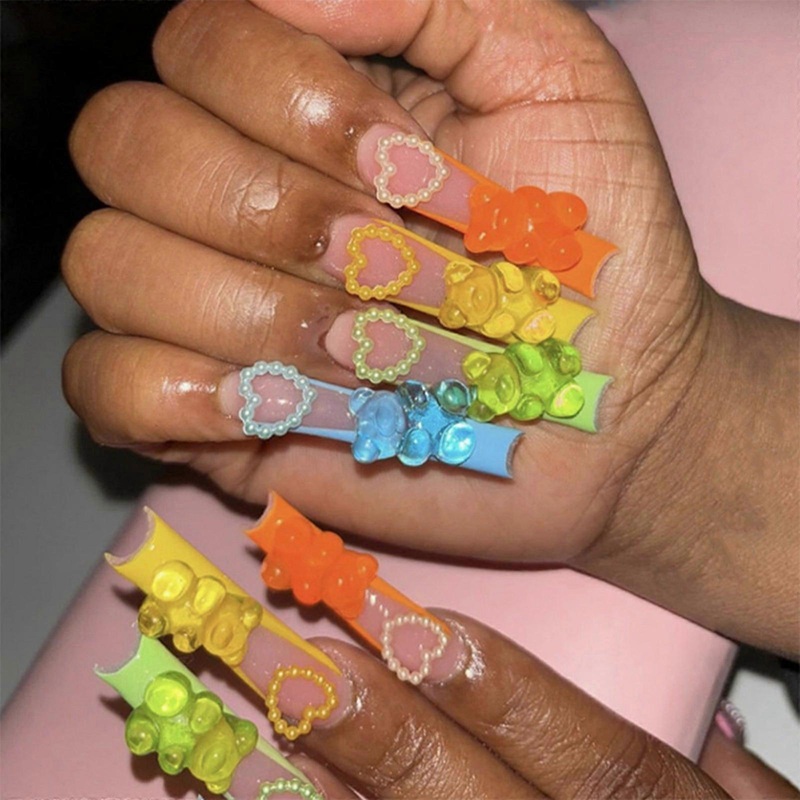 Press on Nail With 3D Heart And Bear Square Long False Nail French Tip Artificial Nail For Celebrating Valentine's Day