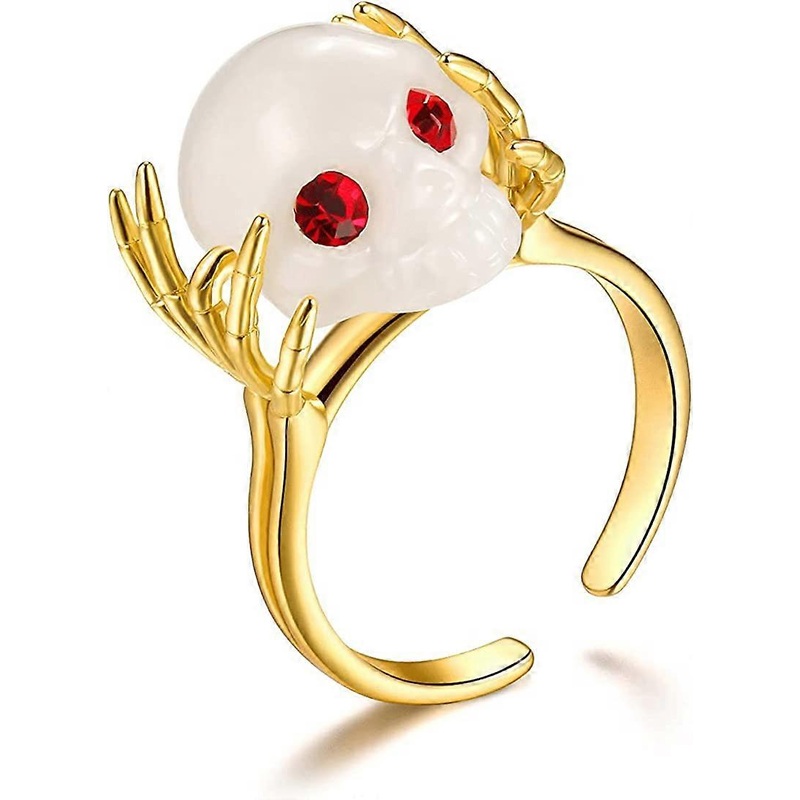Skull Ring for Women, Skeleton Hand Gold Plated Bone Claw Vintage Punk White Stone Goth Hippie Rings for Teen Girls Aesthetics Finger Cool Trendy Indi
