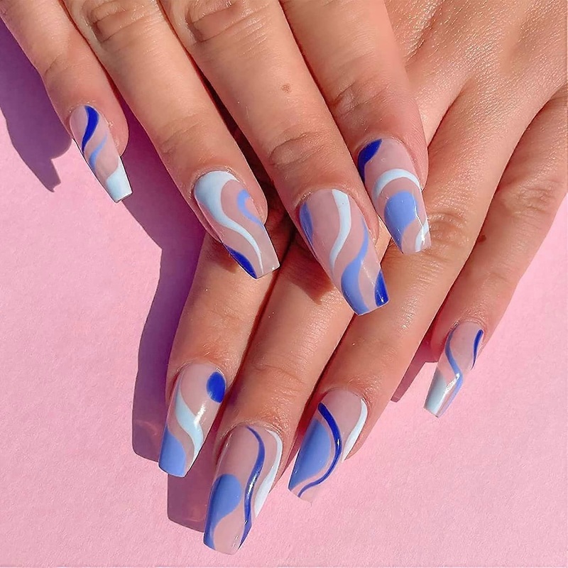 UBIUO 24 Pcs Press on Nails Medium Length, Coffin Fake Nails, Coffin Glue on Nails, False Nails with Glue for Women (Blue Swirl) Blue Swirl.Note:No gl