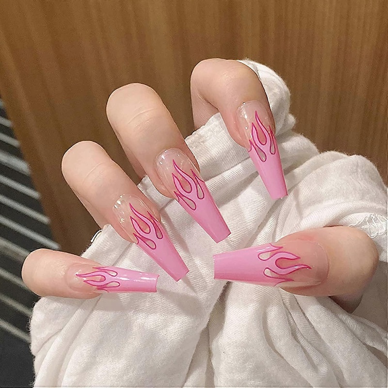 UBIUO 24Pcs Coffin Press on Nails, Extra Long Fake Nails, Pink Flame Glossy False Nails, Artificial Full Cover Nail Tips for Women and Girls.Note:No g