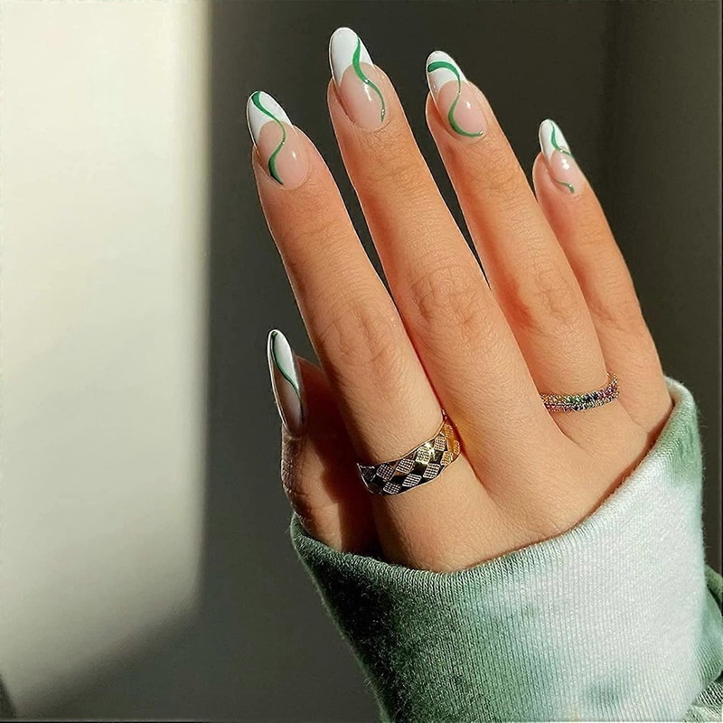 UBIUO 24Pcs French Press on Nails, Stiletto Glossy False Nails, Green Swirl Full Cover Fake Nails with Design for Women and Girls.Note:No glue.