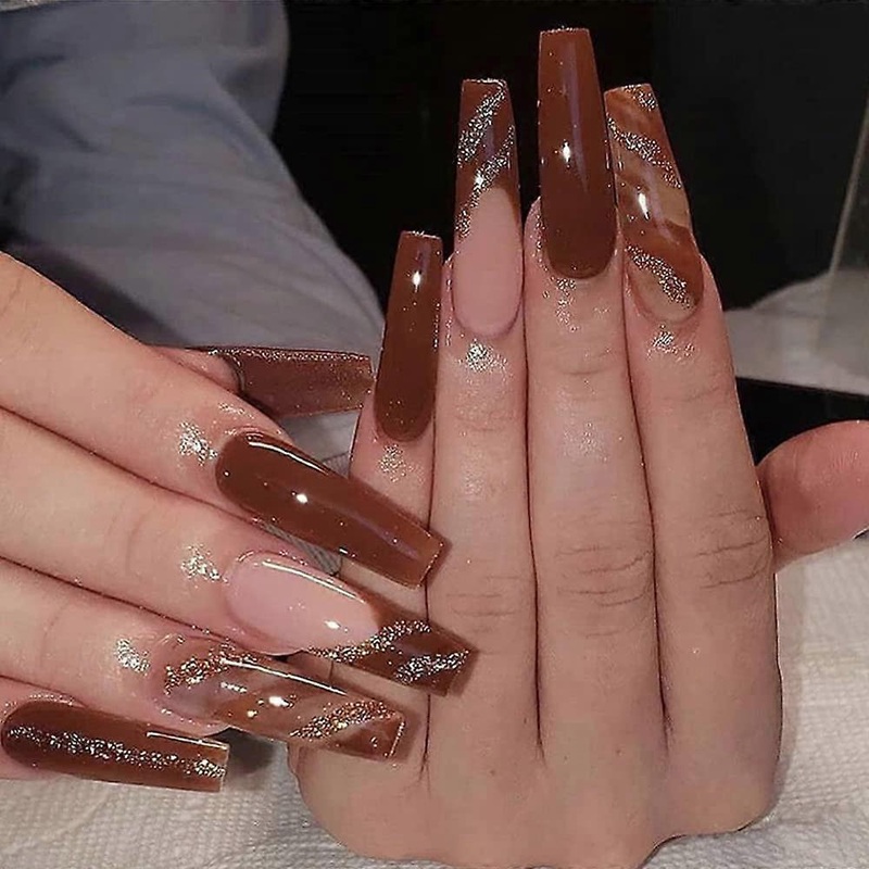 UBIUO  Glitter Sequins Stripes Pattern Full Cover Cute Fake Nails with Designs Acrylic Ballerina Coffin Nails False Nails Artificial Nails DIY Nail Ar