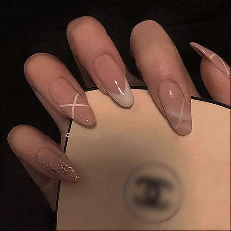 UBIUO Glossy Almond Press on Nails Medium Length With Designed Fake Nails Salon Pink Glitter Full Cover Acryllic False Nails Tips for Women and Girls
