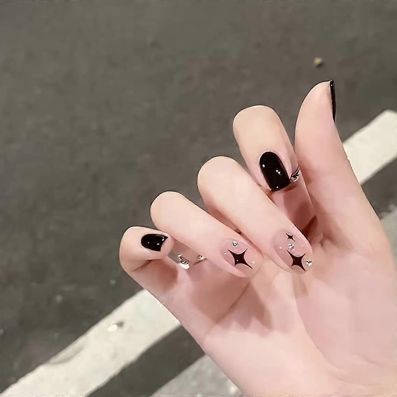 UBIUO Glossy Press On Nails Short,Square Fake Nails with Glitter Rhinestone Black Pure Color Glue on Nails Stars Pattern Cute Nails Full Cover Acrylic