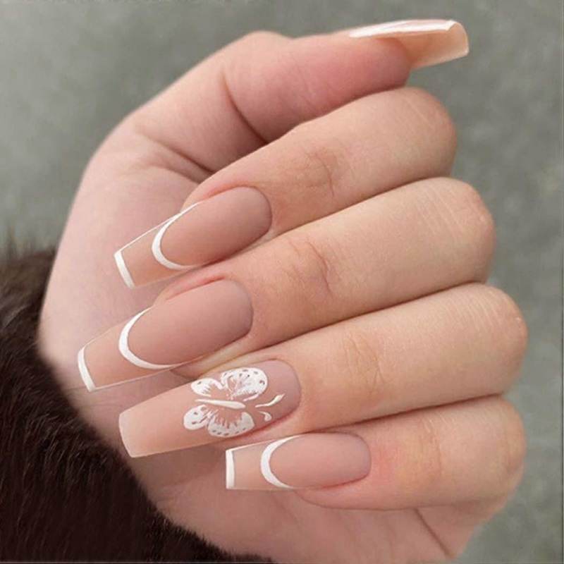 UBIUO Matte Butterfly Press on Nails Nude Coffin Extra Long Fake Nails with Design Ballerina Full Cover Acrylic False Nails for Women and Girls 24Pcs