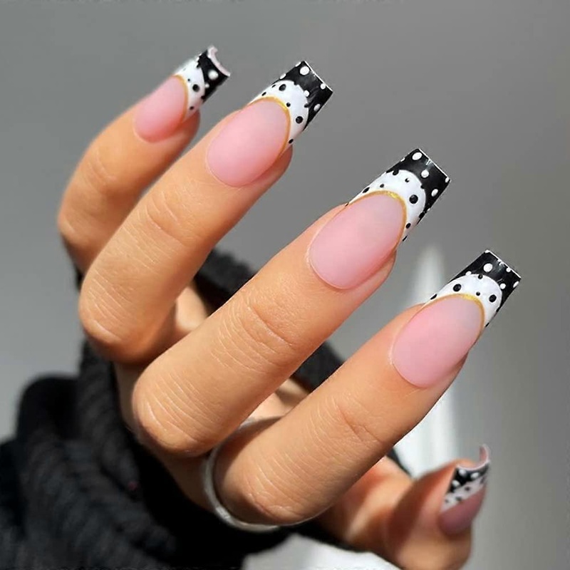 UBIUO Pink French Tip Press on Nails Long Square Shape Glossy Nude Glue Nails Black White Wave Point Pattern Full Cover Cute Fake Nails Designs Acryli