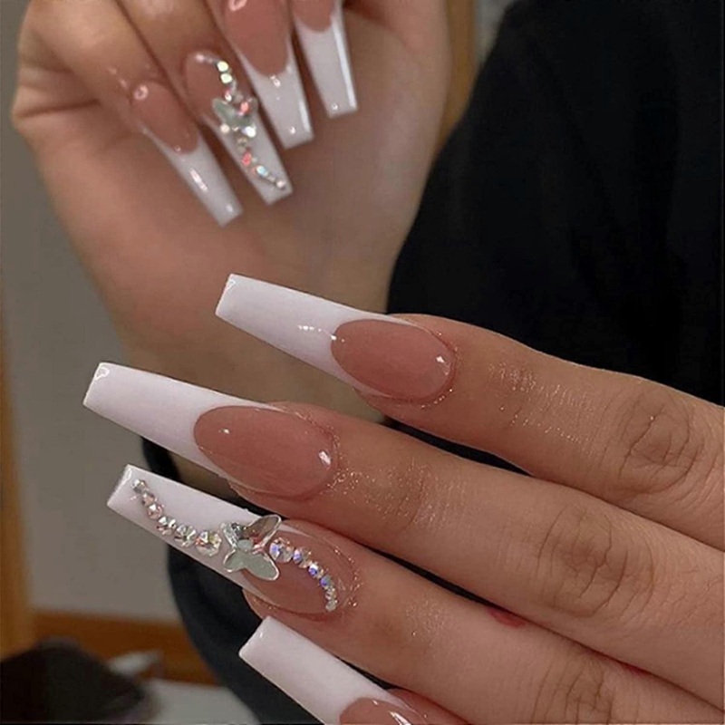UBIUO Press on Nails Coffin French Long Fake Nails Acrylic Full Cover V False Nails for Women and Girls (Long 5).Note:No glue.