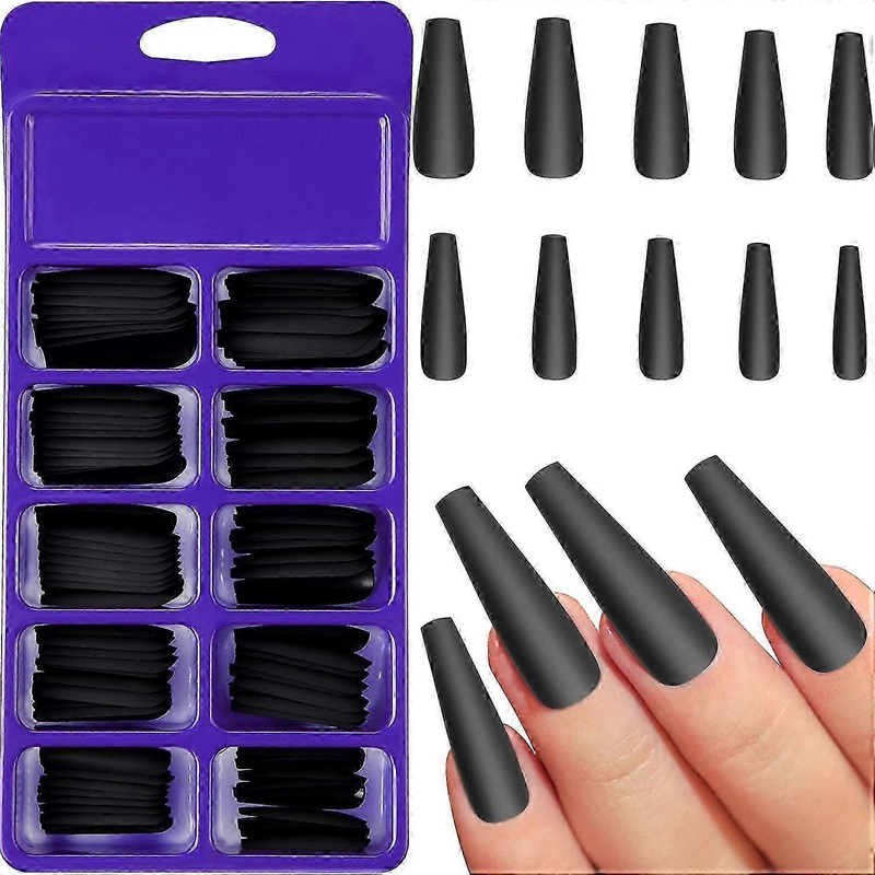 100 Pcs Matte Extra Long Ballerina Press-On Nails Coffin Fake Nails Solid Color Full Cover with Box - Black