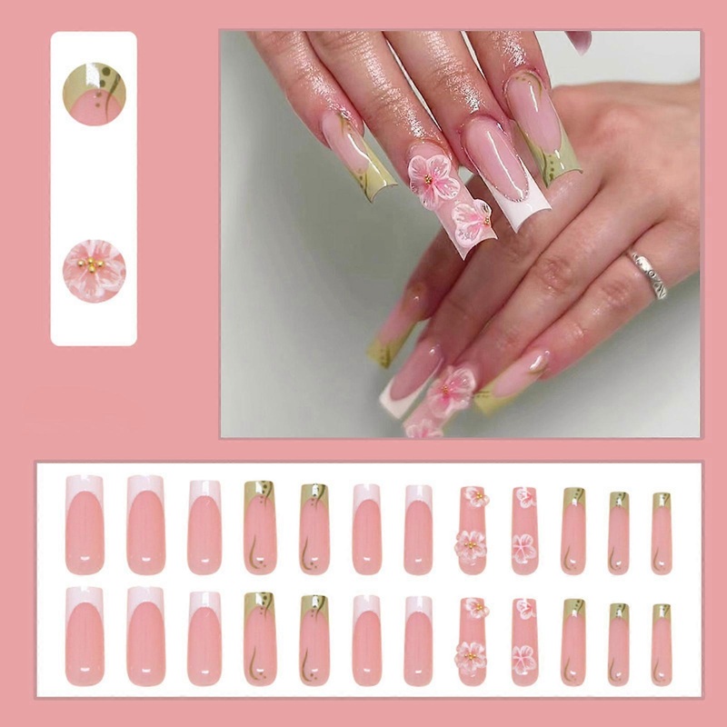 Super Long Square Press On Nails French Style Tips Flower Pattern False Nails for Finger Decoration Home Nail DIY