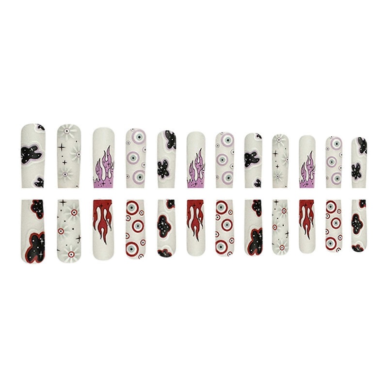 White Long Ballet Fake Nails with Flame Printed Full Cover Square Artificial Nail Tips for Shopping Traveling Dating