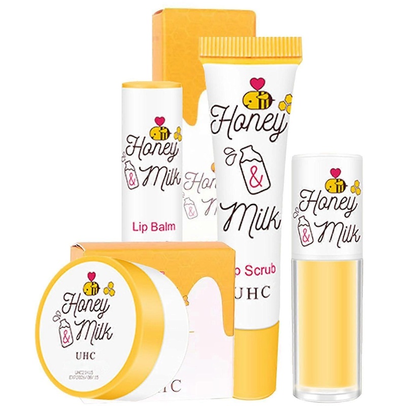 Honey Milk Lip Balm Set, Moisturizing Lip Care Plump Lip Balm, Exfoliating Minimizing Lip Wrinkles Brightening Lip Oil, Lip Mask, Lip Scrub, Lip Balm