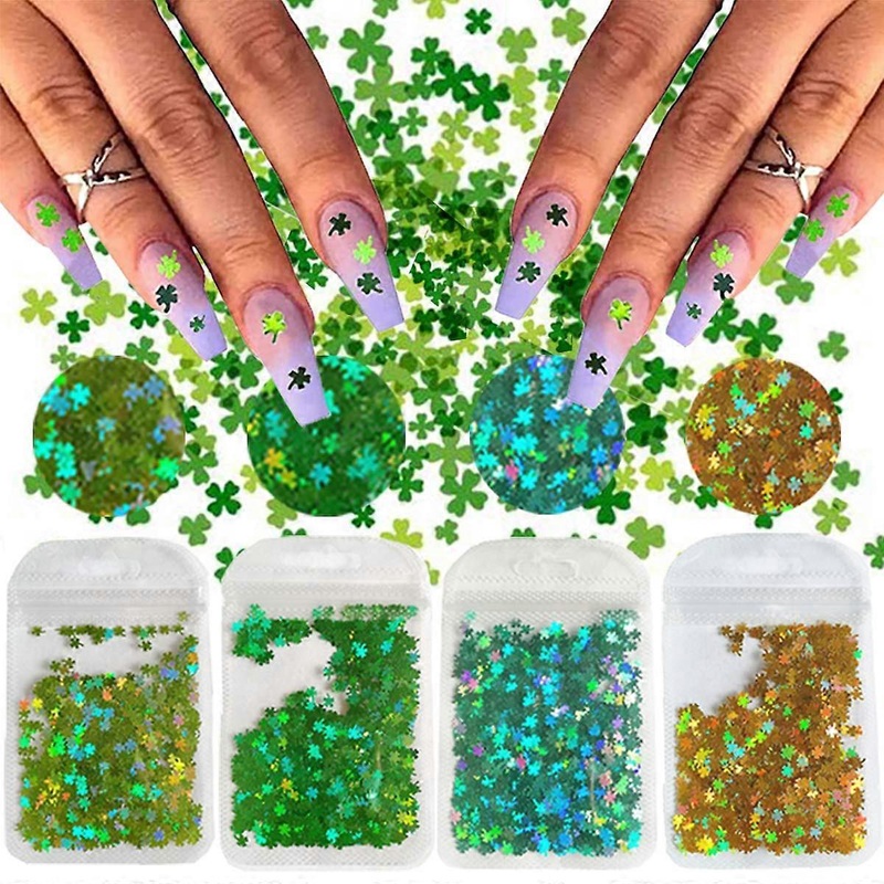 Shamrock Nail Glitters Sequins Clover Nail Decals 4Bags Clover Shaped Green Glitter St Patrick's Day Nail Decorations Nail Art Confetti 3D Holographic